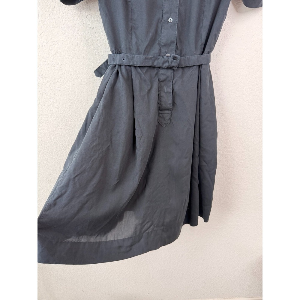 L.L.Bean 100% Silk Shirt Dress Womens 8 Black Button Front Belted Minimalist - Picture 4 of 7